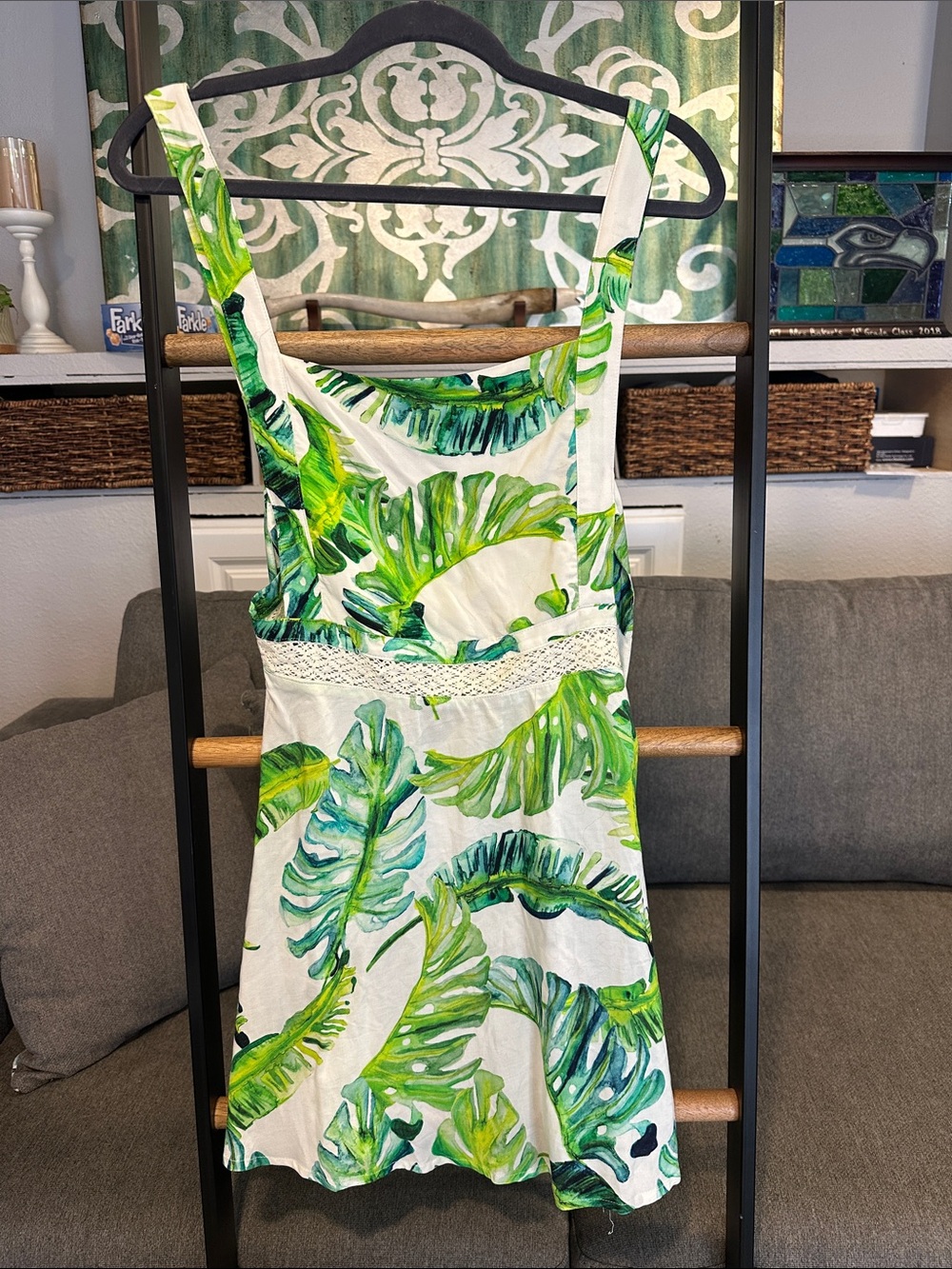 Lovers + Friends White Dress with Green Leaf Print